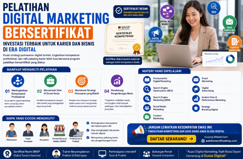 Pelatihan Digital Marketing Bersertifikat Perkembangan teknologi telah mengubah cara masyarakat mencari informasi, berinteraksi, hingga melakukan transaksi.